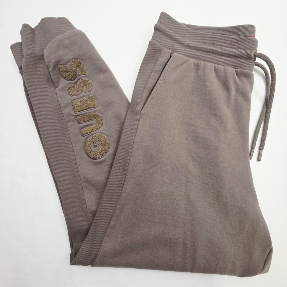 GUESS Joggers Women Large Brown Chenille Logo Ribbed Fleece Sweatpants - Picture 8 of 9